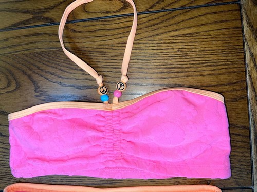 Justice Pink Embossed Peace Sign Bikini EUC Girls 2 Piece Swimsuit Size M (10) - Picture 2 of 4