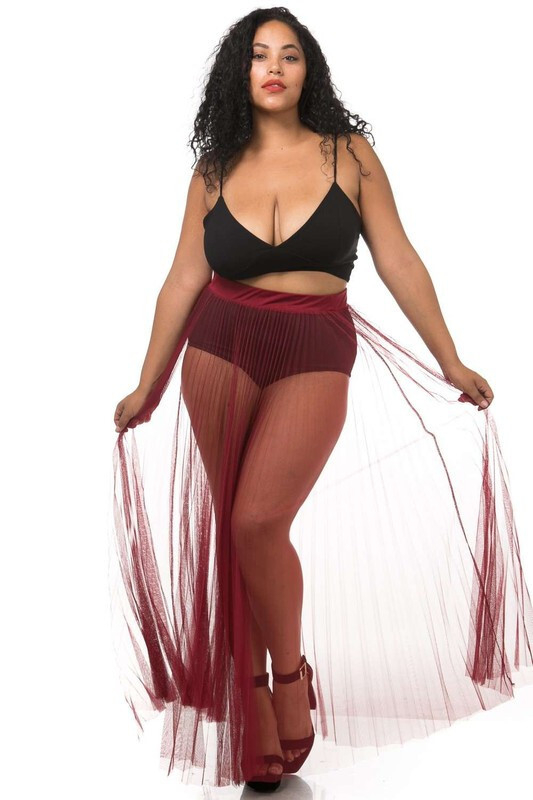 Women's Sexy Elastic Waist Pleated Sheer Mesh Maxi Skirt Plus Size Curvy  Glam