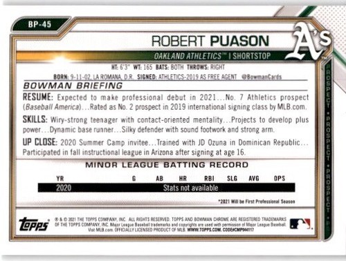 ROBERT PUASON 2021 Bowman Paper Prospect #BP-45 Oakland Athletics - Picture 2 of 2