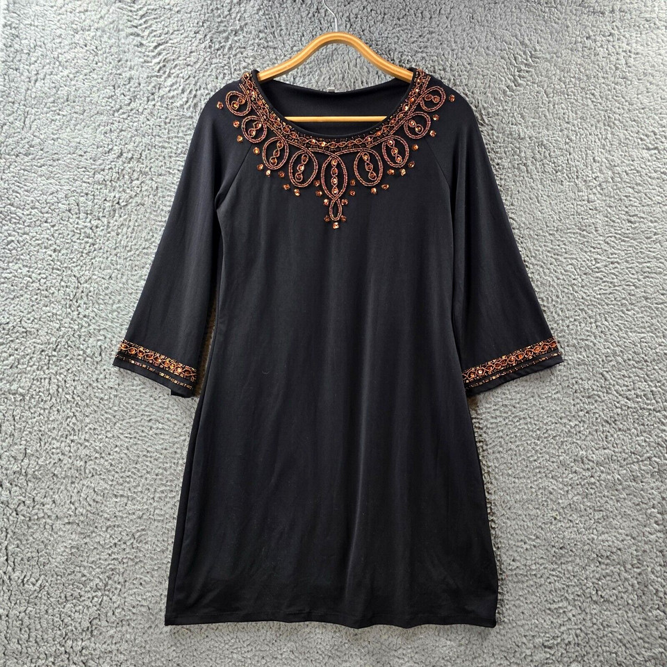 Capture Womens Shift Dress Size 10 Black Bronze Stretch Knit Beaded 3/4 Sleeve
