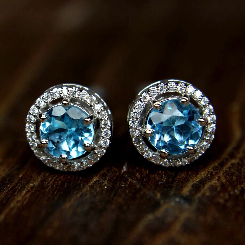 Gemelos hechos a mano para novio enchapados en oro amarillo de 14K redondo creado en laboratorio topacio azul Foto 2 de 4