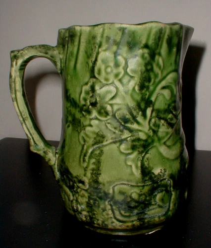 Antique Green Majolica Pottery Emboss Pansy Daisy Pitcher Jug -Early McCoy?