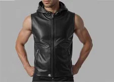 Mens black Hooded leather vest for motorcycle| Genuine Sheepskin Leather Vest XL