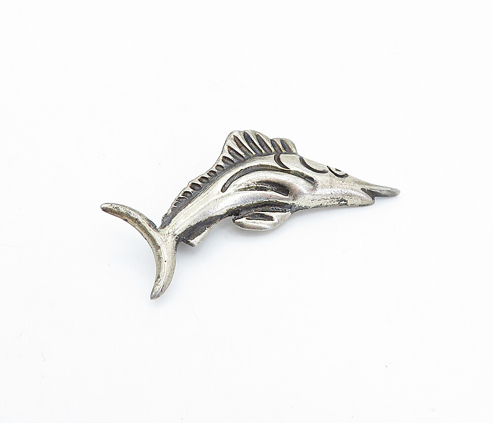 925 Sterling Silver Vintage Dark Tone Swordfish Motif Brooch Pin
