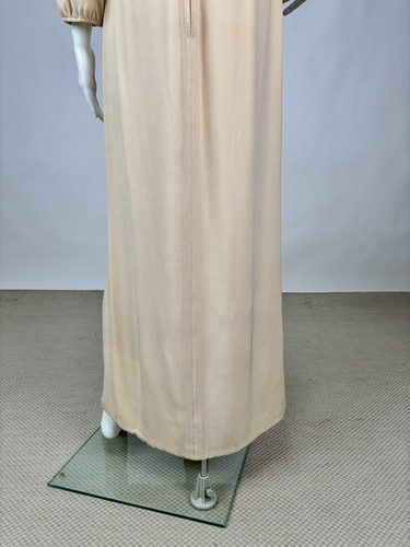 Vintage 1960s Galanos Beige Silk Crepe Gown w/ Black & Red Printed Robe Neckline - Picture 9 of 14