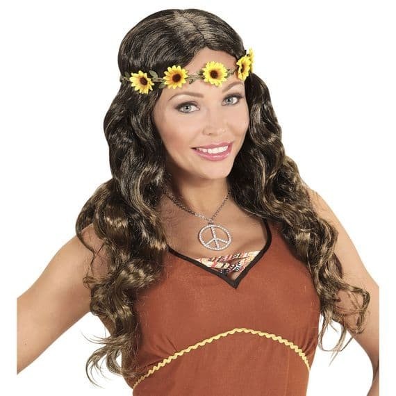 Adult Hippie Medieval Brown Wig with Sunflower Headband Fancy Dress