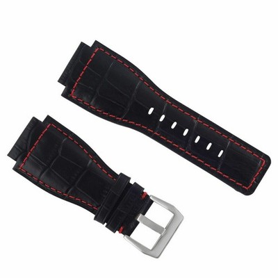24mm Leather Watch Band Strap For Bell & Ross BR-01-BR-03 Watch Black Red