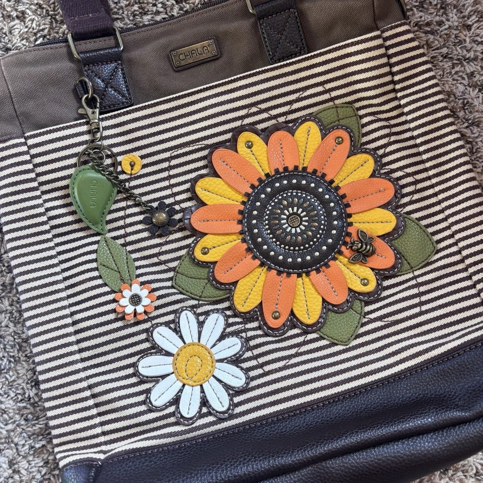 Bolso de Mano Grande Chala Girasol Cartera Rayas Azules Lona Vegano-Cuero Foto 2 de 4
