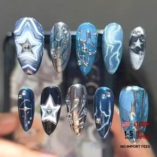 24Pcs Dark Blue Press on Nails Medium Almond Fake Nails with 3D Colorful -3