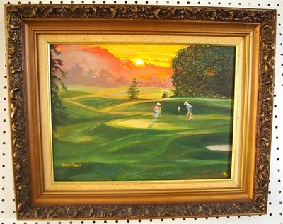 Golf Golfing Sunset Framed Florida Highwaymen Style Painting Signed 21.5 x 17.5''
