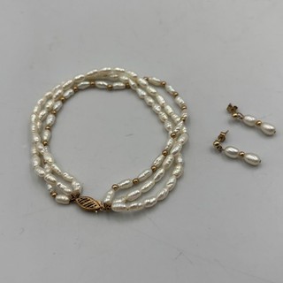 Set gioielli bracciale e orecchini goccia oro 9 kt e perle di riso bianco