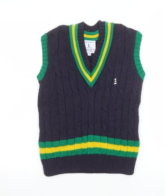 Lucas Frank Jungen marineblau Wolle Zopfmuster V-Ausschnitt Cricket Weste 7-8 Jahre