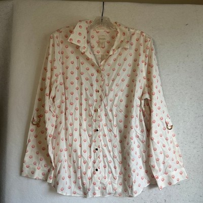 Chicos No Iron Seashell Print Button Down Shirt Red White Gold Hardware XL 3