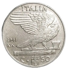 1941 R Italy 50 Centesimi Old XF Coin KM 76b Benito Mussolini Fascist Era WWII