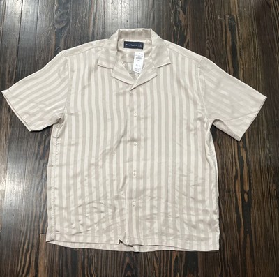 Abercrombie Fitch Camp Collar Button Up Shirt Men s Large Beige Stripes Poly NEW
