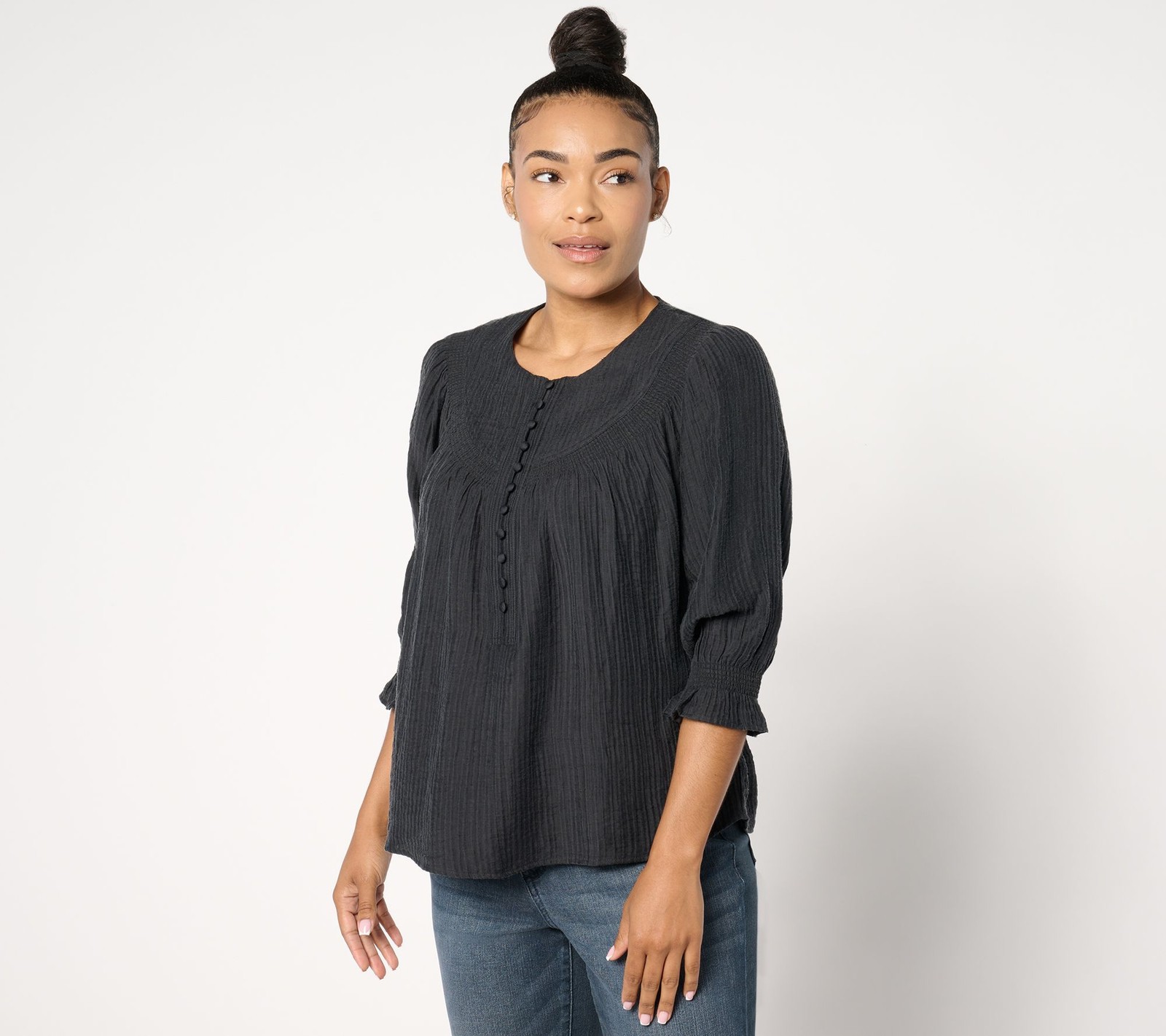 Me by Jennie Garth Women's Top Sz L Mae Woven Blouse Black A659823