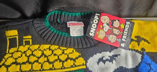 Vintage 90s Snoopy & Friends Woodstock Halloween BOO Acrylic Knit Sweater sz L - Picture 2 of 2