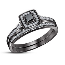 2 CT Princess Lab Created Diamond Bridal Wedding Ring Set 14K Black Gold Over