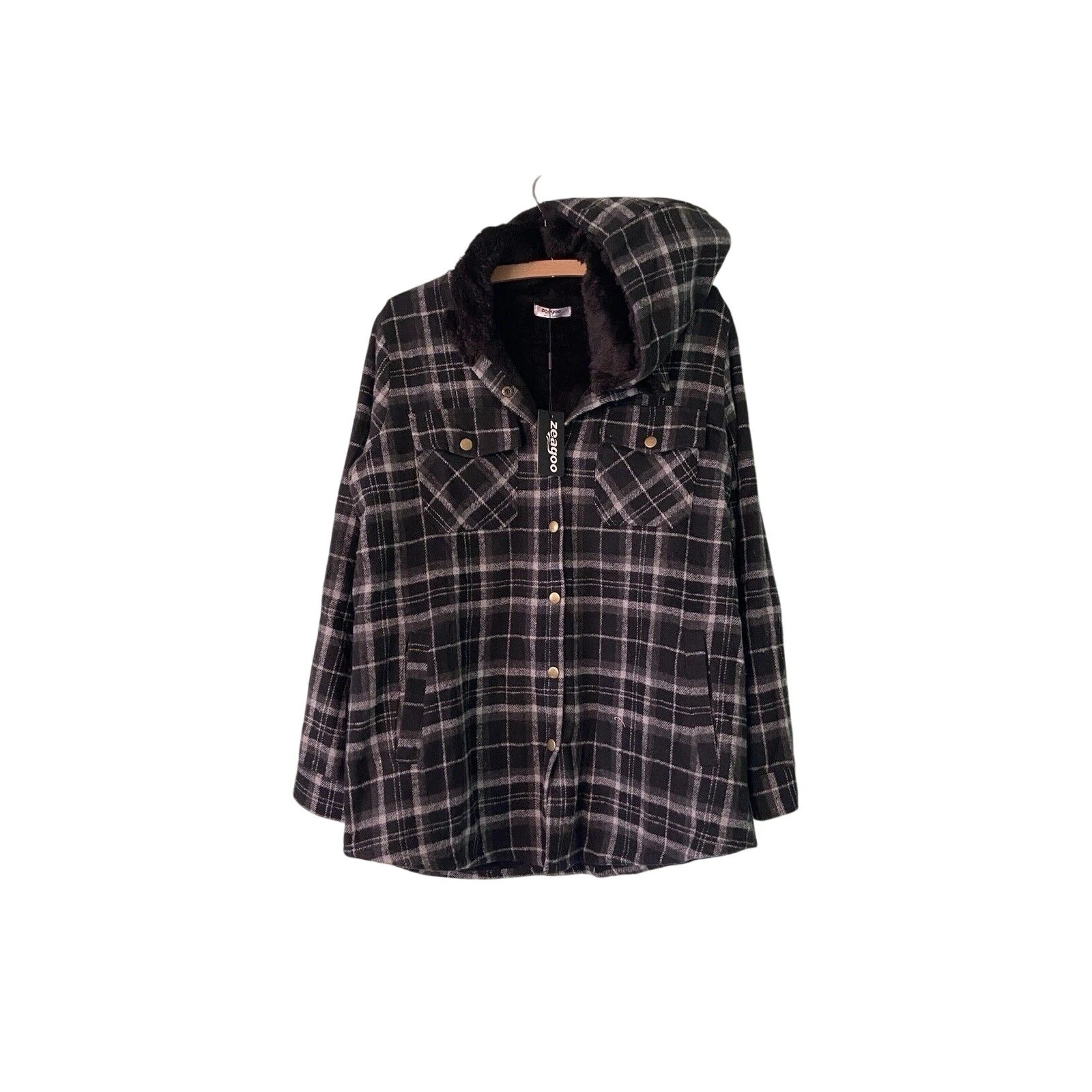 Winter Women Large Black Plaid Fleece Jacket Coat Casual Hooded Warm Button Coat