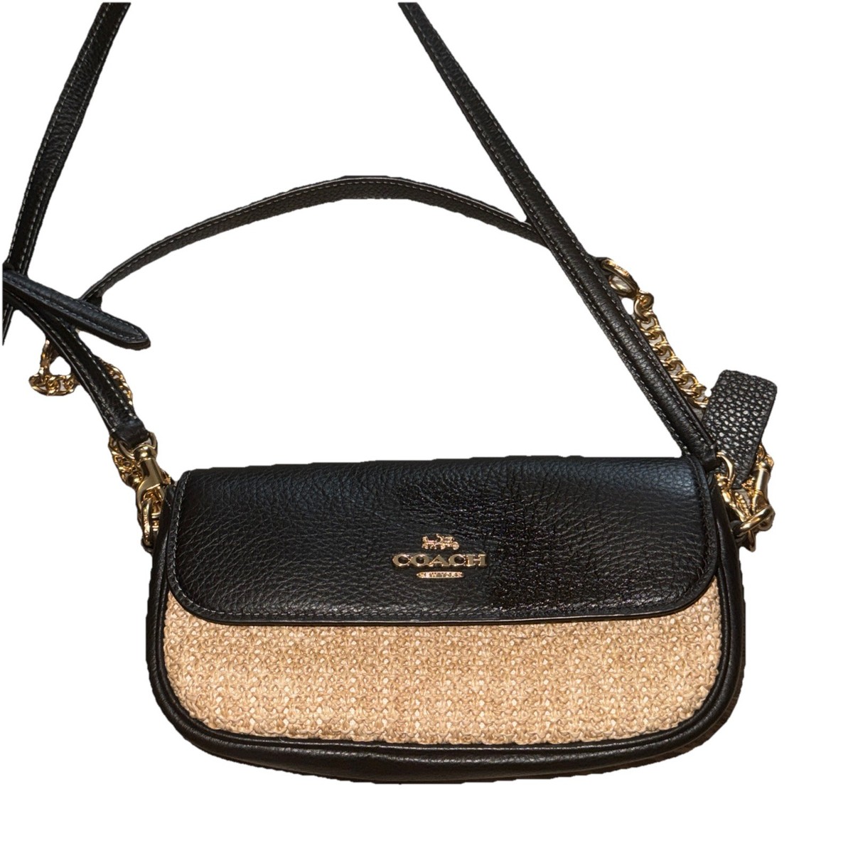 バッグ COACH handbag leather BLACK GOLD COACH CAN69 Hailey Flap and Straw and Leather Bag Toast Black F/S