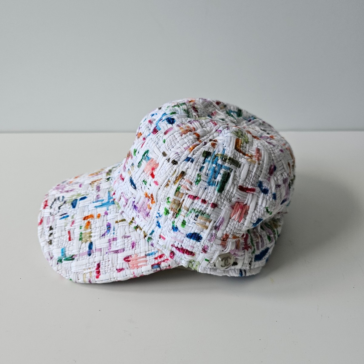 Chanel White Tweed Multicolored Baseball Cap Hat