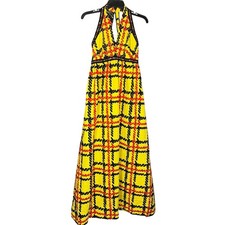 Vtg 70s empire waist halter maxi dress - yellow jacquard rhinestone trim size S