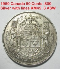 1950 Canada 50 Cents .800 Silver George VI  'With Lines' variety, KM45 ASW .300