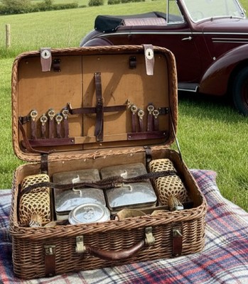 Antique Wicker Picnic Basket Automobile Late 19th Century 5 Items Inside As Is 