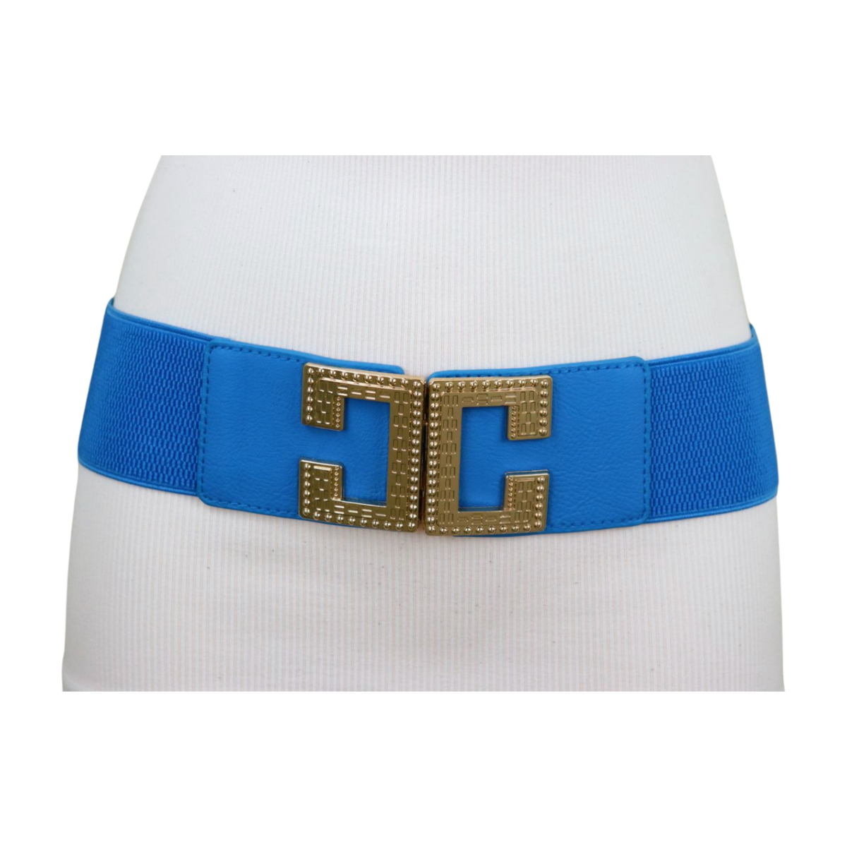 IP BLUE Women\'s Chic Black & Gold Horsebit Buckle Stretch Belt S/M Women Blue Elastic Waistband Wide Chic Belt Hip Waist Gold  main image 4