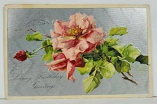 Lovely Pink Rose Birthday Greetings Embossed Silvertone Finish Postcard M18