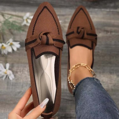 Women's Pointed Toe Bow Contrast Trim Loafers Slip On Knit Shoes Flat Walk Shoes