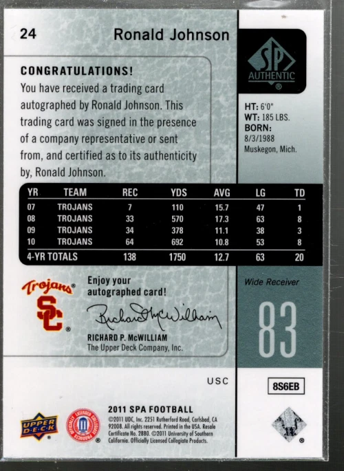 B3818- 2011 SP Authentic Autographs #24 Ronald Johnson C Auto SAMPLE PIC - Image 2 of 2