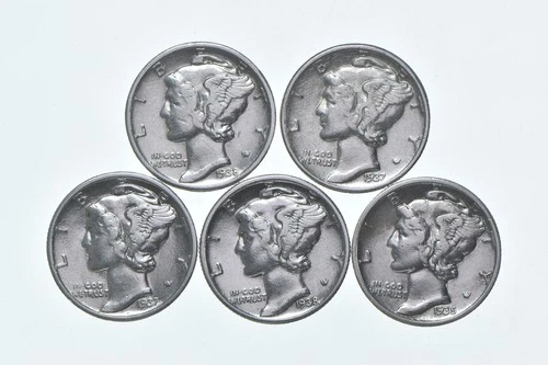 High Grade Lot 1938 1937 1937 1938 1935 Mercury Dime Collection *571