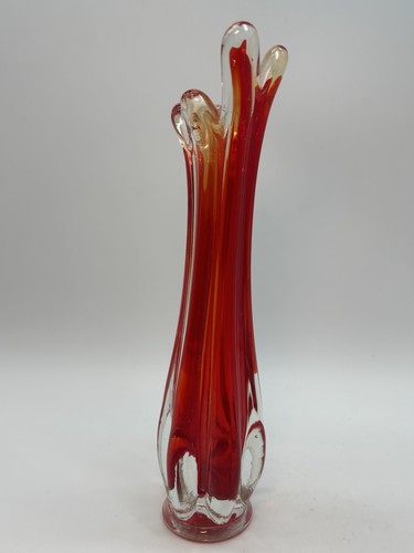Vintage 6 Finger gerippte geschwungene Vase rot ummantelt 10 Zoll - Bild 4 von 12