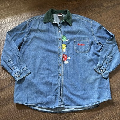 Vintage 1990s M&M Candy Embroidered Denim Button Up Collared Shirt Size XL