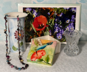 Gift SET:  Jersey Pottery, Crystal Vase, Hummingbird Box & Necklace