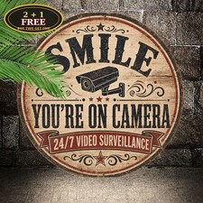 Smile You Are On Camera Security Warning Round Tin Sign 8x8 Metal Yard Plaque