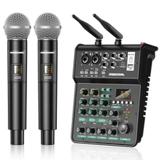 4 Channel Audio Interface With Dual Wireless Mic Sound Board Console MP3 Blue...