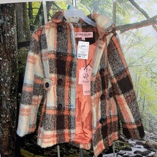 Urban Republic Coat Girls 14 Multicolor Plaid Pleated Faux Fur Hood Pockets