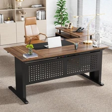 63 Inch Executive Desk with File Cabinet, Large L-Shaped Office Computer Desk