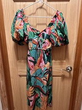 Farm Rio Tropical Floral Puff Sleeve Ruffle Midi Dress XS Multicolor Viscose