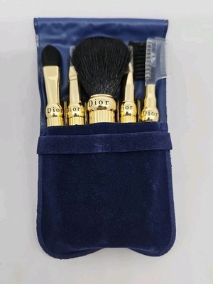CHRISTIAN DIOR MAKE-UP BRUSH SET GOLD TONE METAL TRAVEL SMALL VINTAGE AUTHENTIC