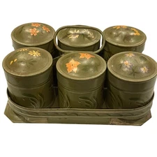 Vintage Primitive Toleware Metal Spice Canister Caddy Set Painted Floral Design