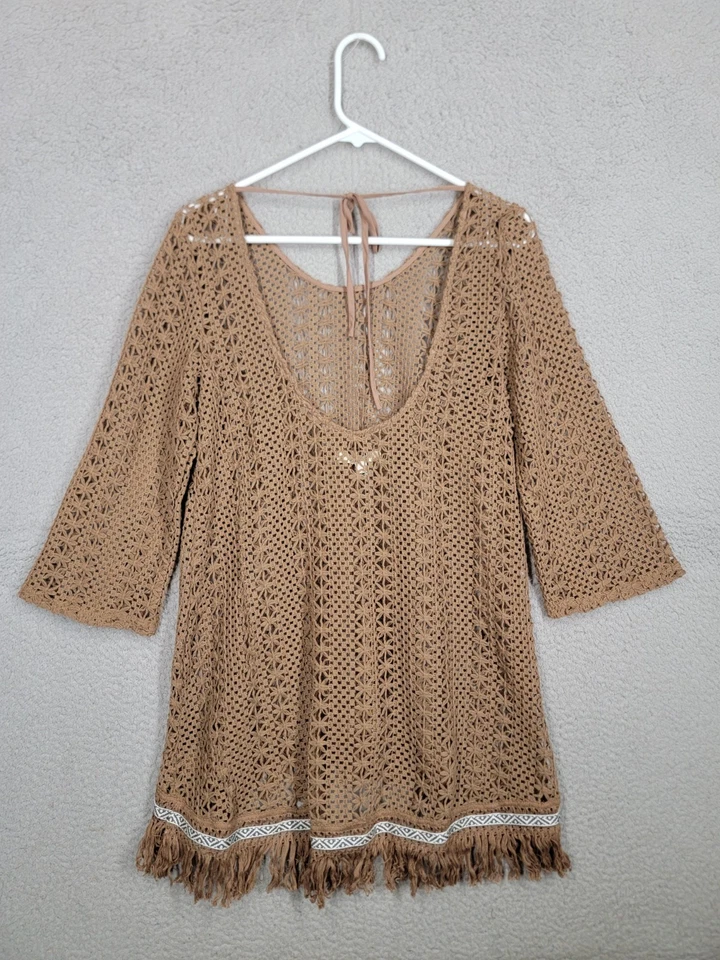 Marrón Crochet Natación Cubre Grande Ua Con Flecos Manga 3/4 Tejido Abierto Boho Foto 2 de 4