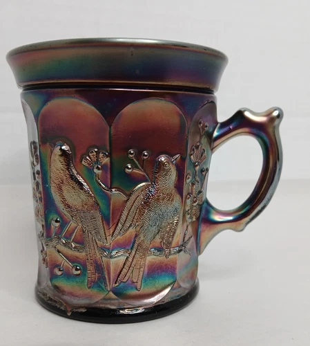 Antique Amethyst Northwood 1912 Carnival Glass Mug "Singing Birds" Iridescent