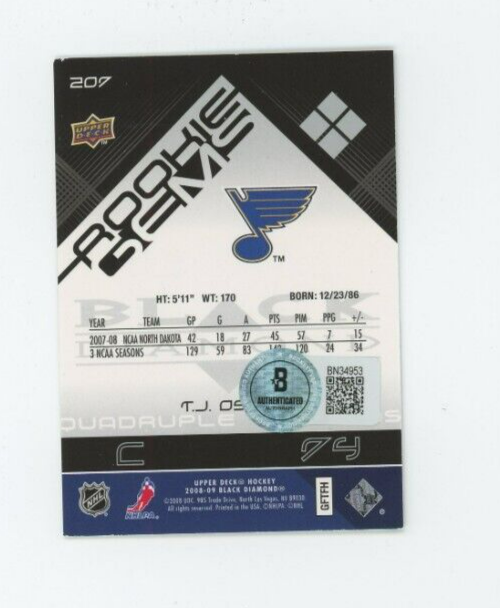 T.J. OSHIE AUTO Rookie Gems 2009 Upper Deck Black Diamond BAS COA