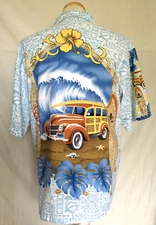 Maui Maui Hawaiian Button Shirt Large Woody Wagon Surf Board Truck Hibiscus Leaf