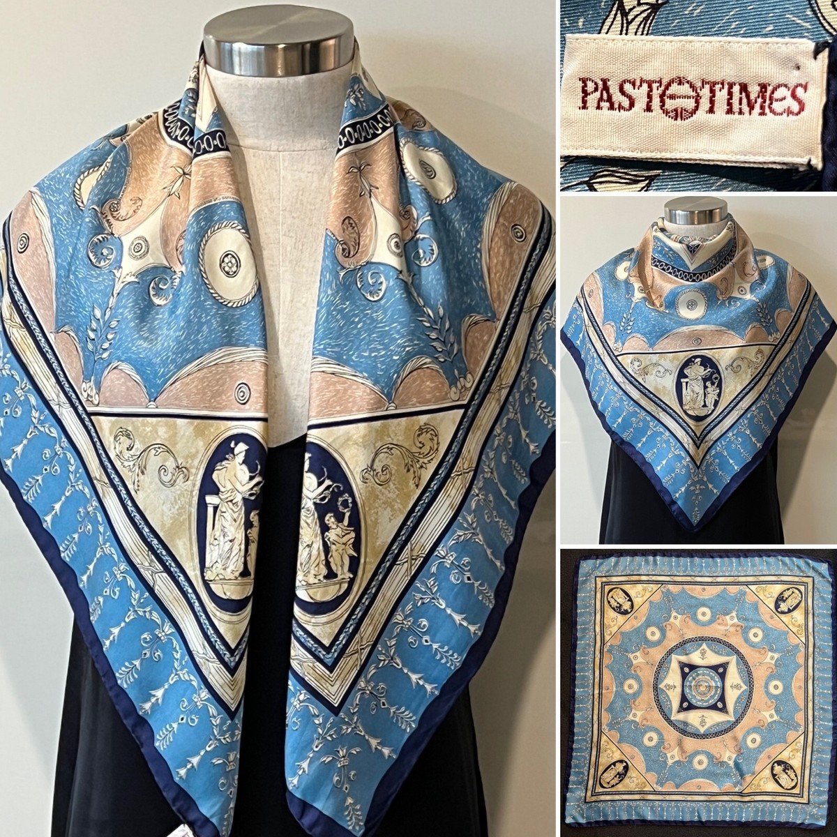 PAST TIMES Silk Twill Navy,Pink Ancient Roman Etching Scarf