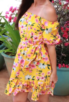 Shein Women's Pull On Size LARGE Off Shoulder Dress Yellow Floral