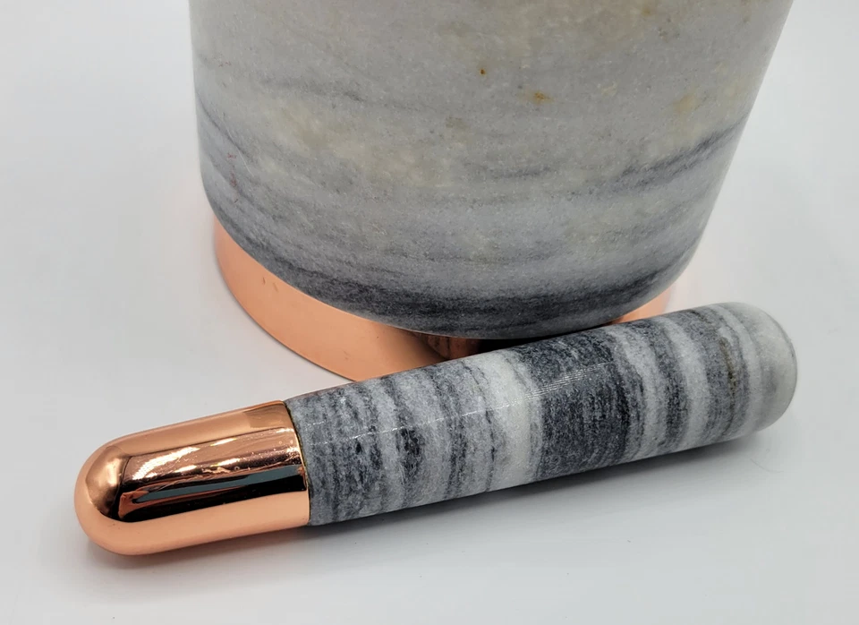 Mortero y mazo grande gris piedra mármol roca y metal tono oro rosa 4" de alto Foto 4 de 4